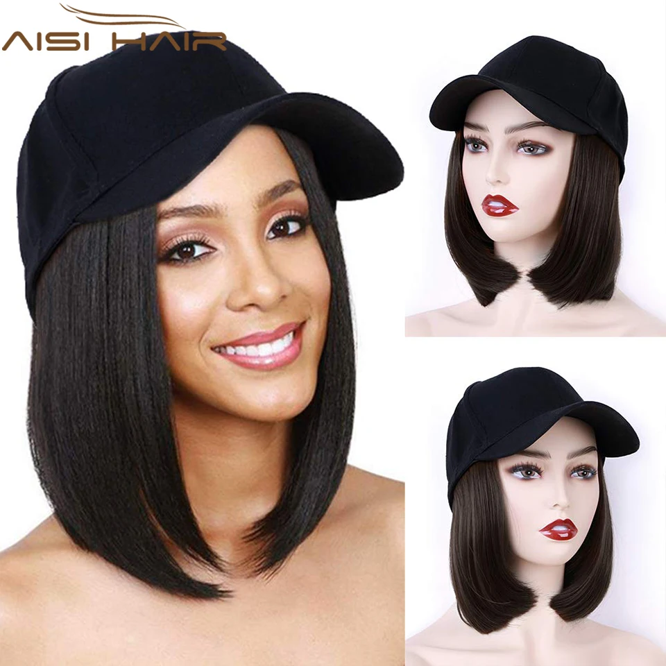 

AISI HAIR Synthetic Short Wavy Hat wig Baseball Cap Hair Wig Natural Black knit hat Wigs Naturally Connect Synthetic Adjustable