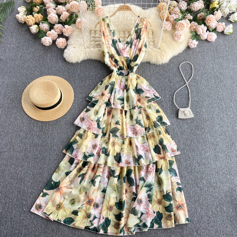 

Женское многослойное платье с цветочным принтом, длинное облегающее платье без рукавов с V-образным вырезом, лето