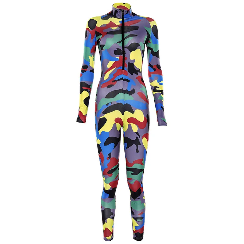 

Women Jumpsuit Printed Long Sleeve Zipper Printed Casual Bodycon Bodysuit Women Spring Sport Jumpsuit