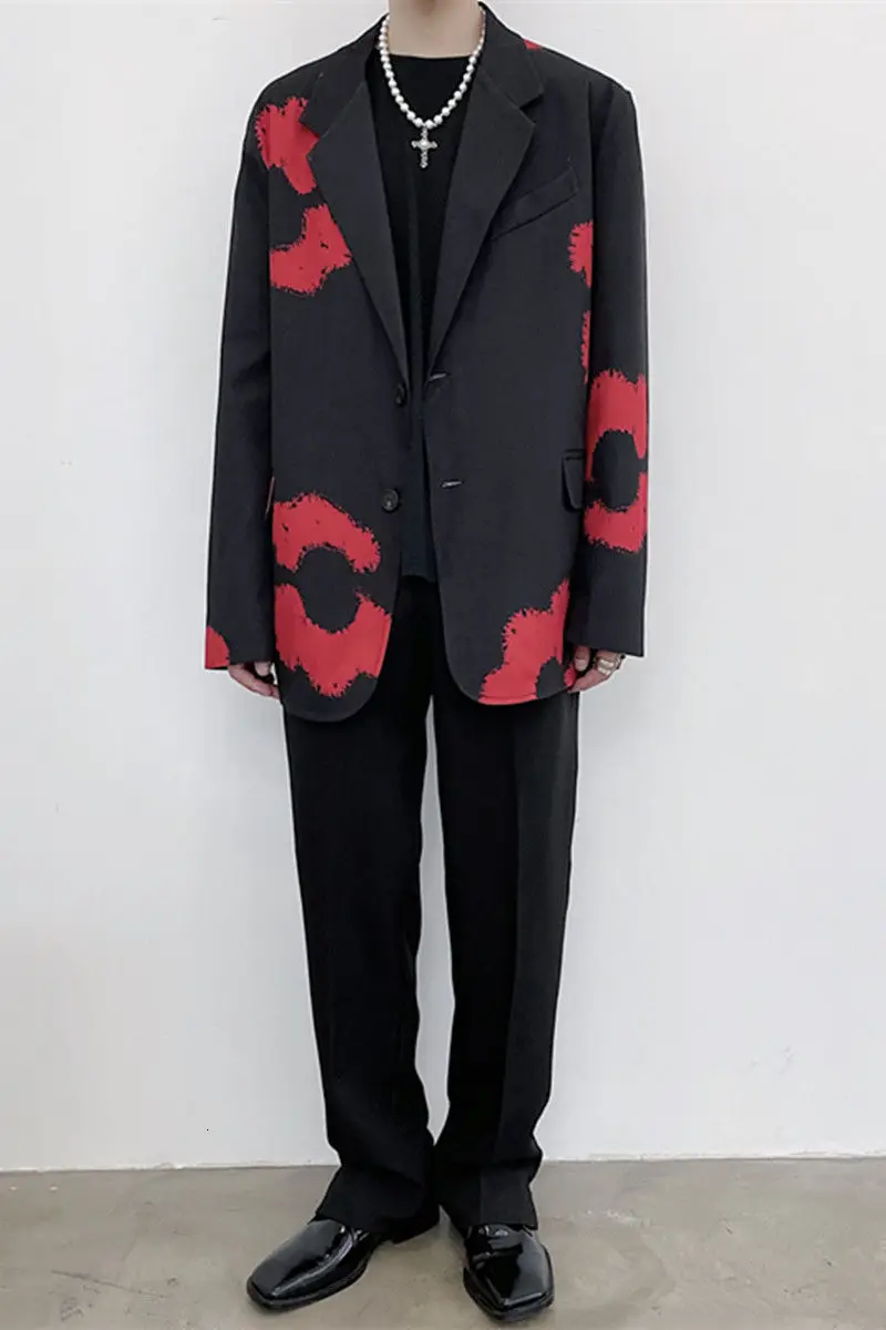 

IEFB /men's wear springblazers graffiti flower suit male's personality fashion Korean style big size single breasted coat