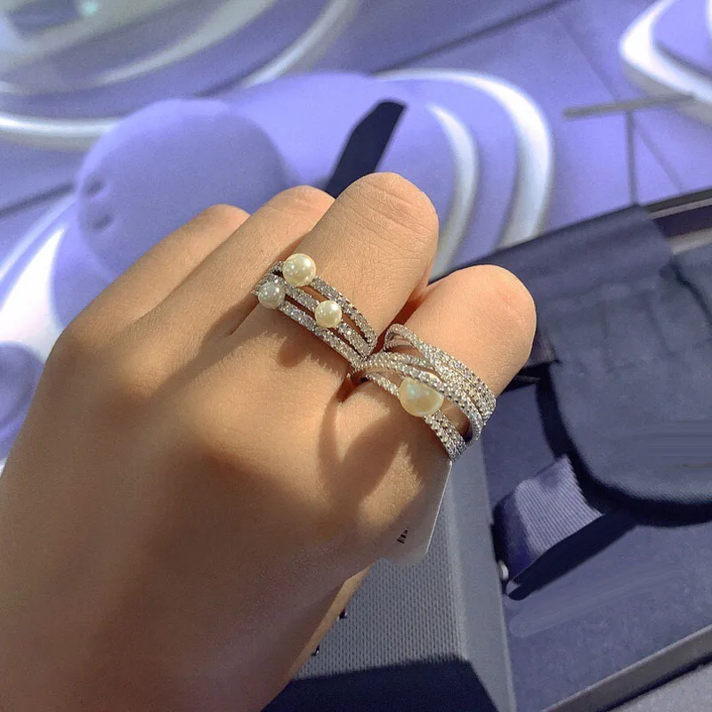 

Brand 1:1High Quality Fahsion Multilayer Line Ring Silver Color White Pearl Paved Cubic Zirconia Sliding Rings Women Jewelry