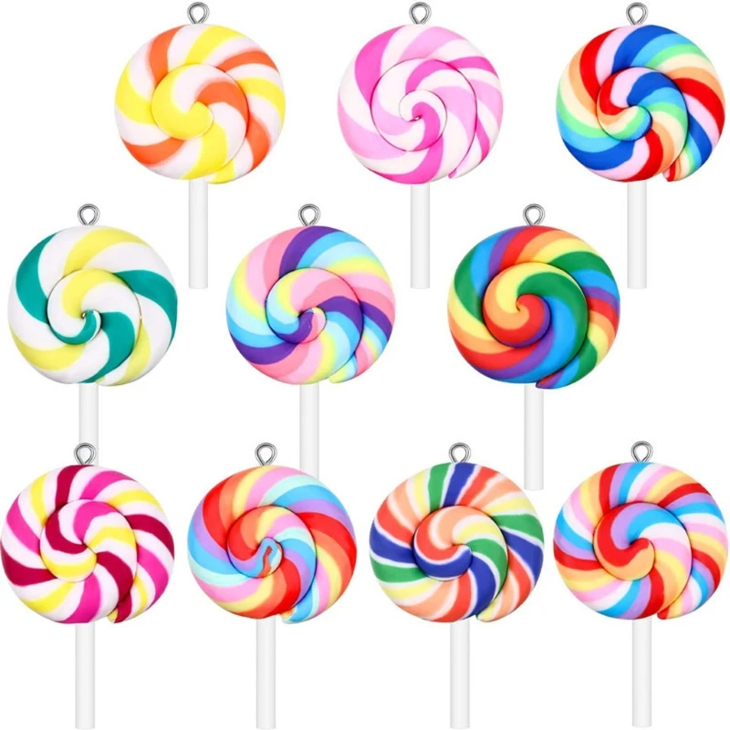 

N58F 100Pcs Colorful Lollipops Pendant Charms Big Size Rainbow Swirl Lollipop Crafts
