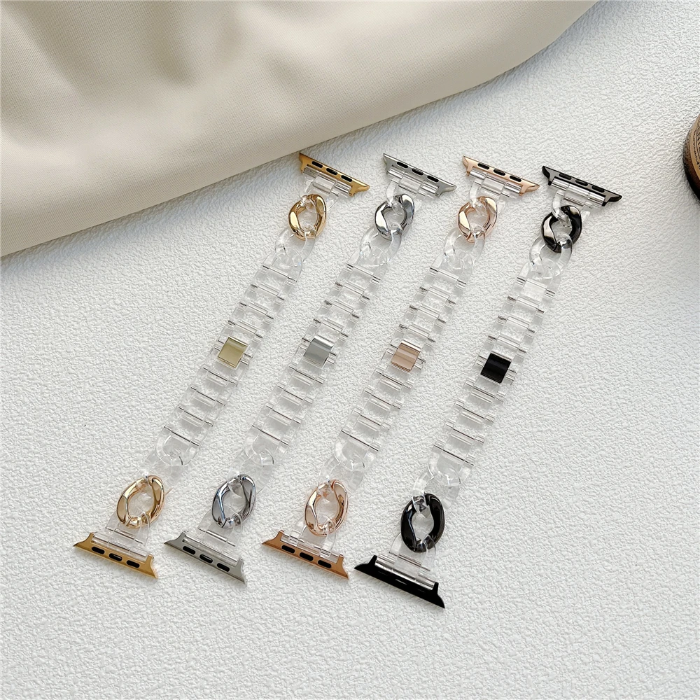 

Clear Resin Strap for Apple Watch Band 44mm 40mm Stainless Steel Watchband for IWatch Series 6 5 4 3 2 38mm 42mm Metal Bracelet