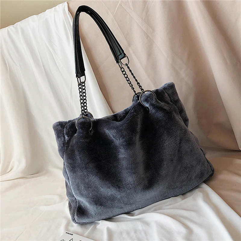 

Women Shoulder Bags Casual Plush Ladies Tote Handbag Fashion Chain Large Capacity Shopping Supplies Female Travel Winter Bag