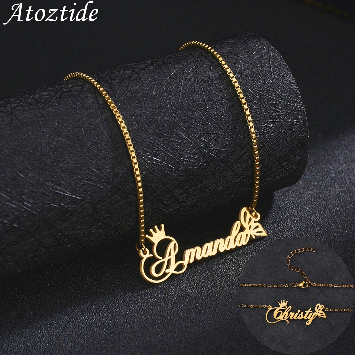 Atoztide Custom Name Necklace Crown Butterfly Stainless Steel Nameplate Pendants Box Chain for Women Jewelry Gift Freeshipping