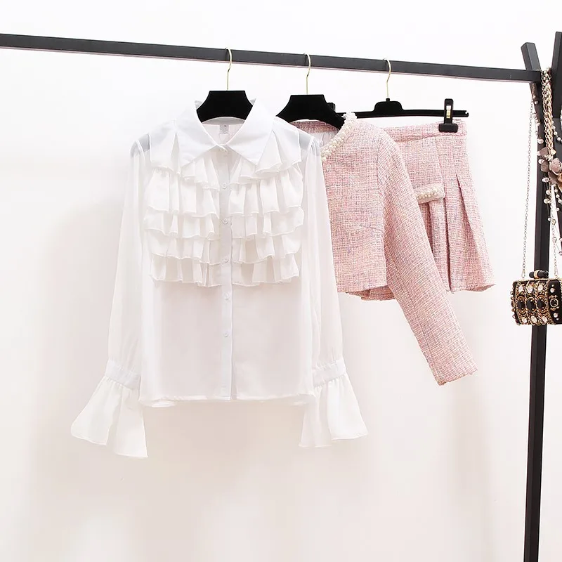 

Ailigou 2021 High Quality Ladies Fall/Summer Beaded Ladies Fashion And Elegant Slim Coat Skirt Shirt 3 Three-Piece Tweed Suit