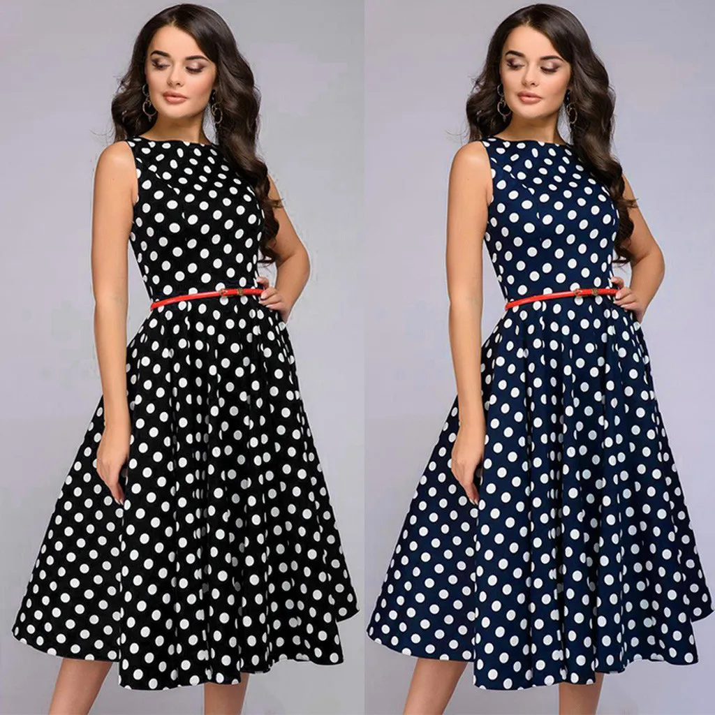 

40# Dot Print Elegant Tank Dress Women Vintage Sleeveless Flare Knee Length Dresses For Women 2021 Boho A Line Summer Dress 2021