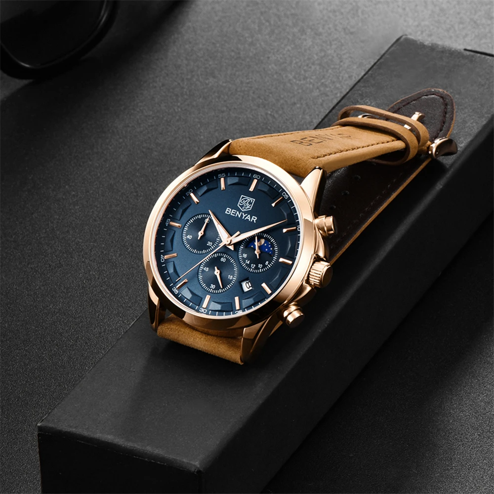 2021 Benyar New Fashion Brand Men's Luxury Quartz Watch High Quality Waterproof Leather Luminous Pointer Watch Relogio Masculino