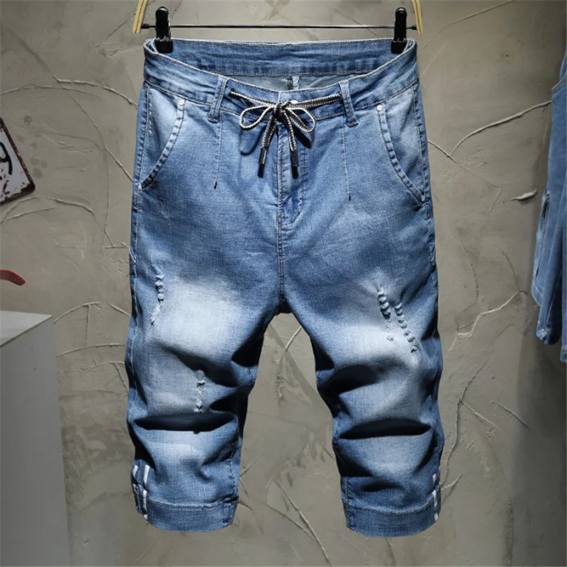 Drawstring waist Stretch blue Washed Denim Shorts Men Summer New Fashion Casual Mid Waist Cargo Jeans | Мужская одежда