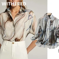 maxdutti england style blouse women vintage ink painting loose office lady elegant blusas mujer de moda 2021 loose shirt tops