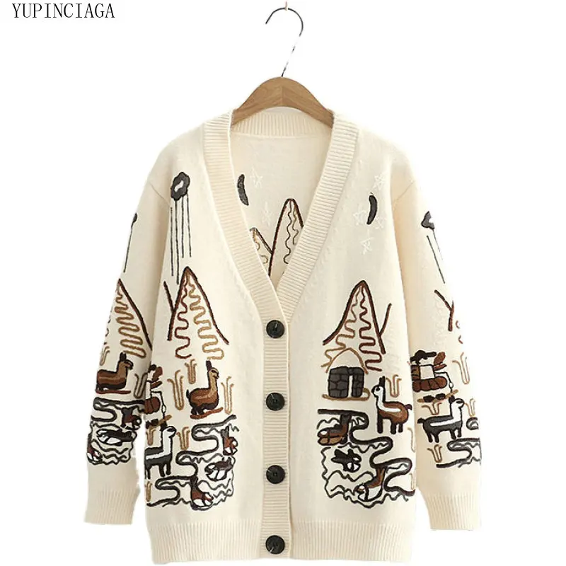 Korean Style V-neck Single-breasted Knitted Cardigans Sweater Women's Coat 2020 Autumn Winter New Embroidery Long Sleeve Top