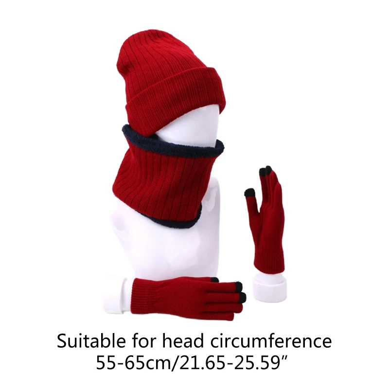 

Unisex 3Pcs Winter Plush Lined Beanie Hat Circle Scarf Touchscreen Gloves Set 649C