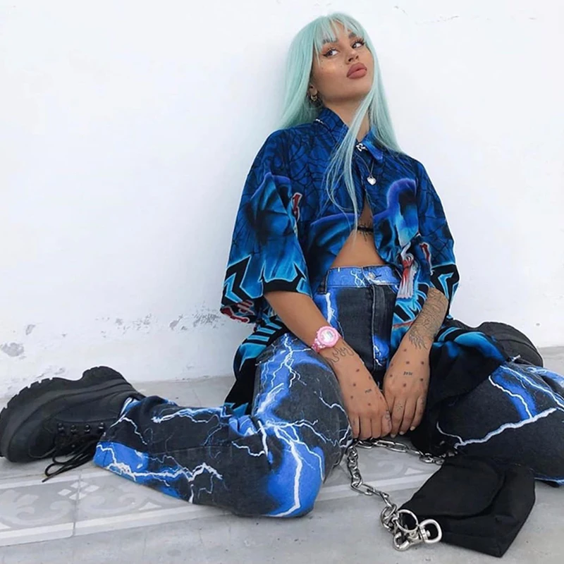 

Lightning Print Streetwear Cargo Pants Women Casual Ladies Jogger Trousers High Waist Hippie Baggy Pants Goth Aesthetic