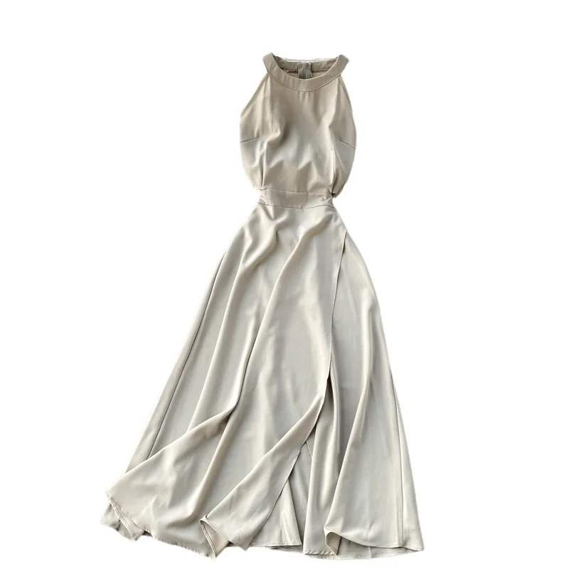 

Women's Summer Dress New Style Hanging Neck Strapless Split Dress Open Waist Sleeveless Solid Color Big Swing Dresses LL054