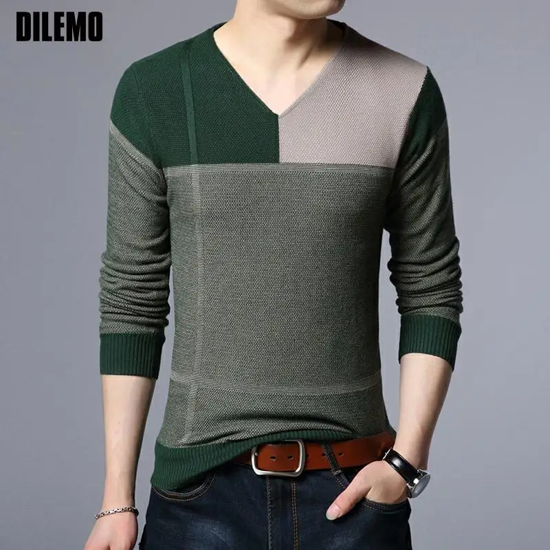 

New Fashion Brand Knit Pullover Slim Fit Patchwork Mens V Neck Sweater Korean Woolen Casual Jumper High Quality Clothes Men