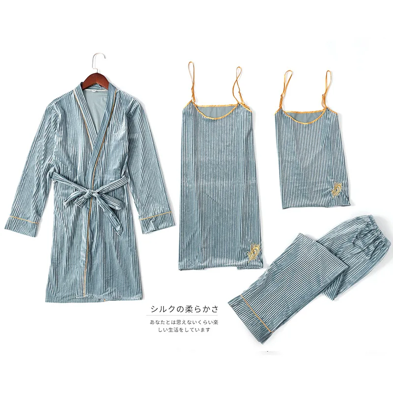Autumn Winter Warm 3 Pieces Pajamas Set Women Sexy Sleepwear For Sleeveless Strap Nightwear Long Pant Robe | Женская одежда