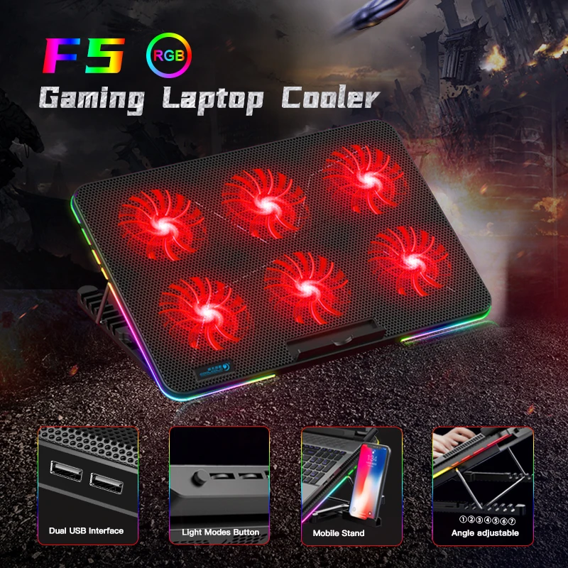 Coolcold 10-15.6 Inch RGB Light Cooler Notebook Six LED Fan Gaming Laptop Cooling Pad With Phone Holder Stand Coolcold 10-15.6 Inch RGB Light Cooler Notebook Six LED Fan Gaming Laptop Cooling Pad With Phone Holder Stand