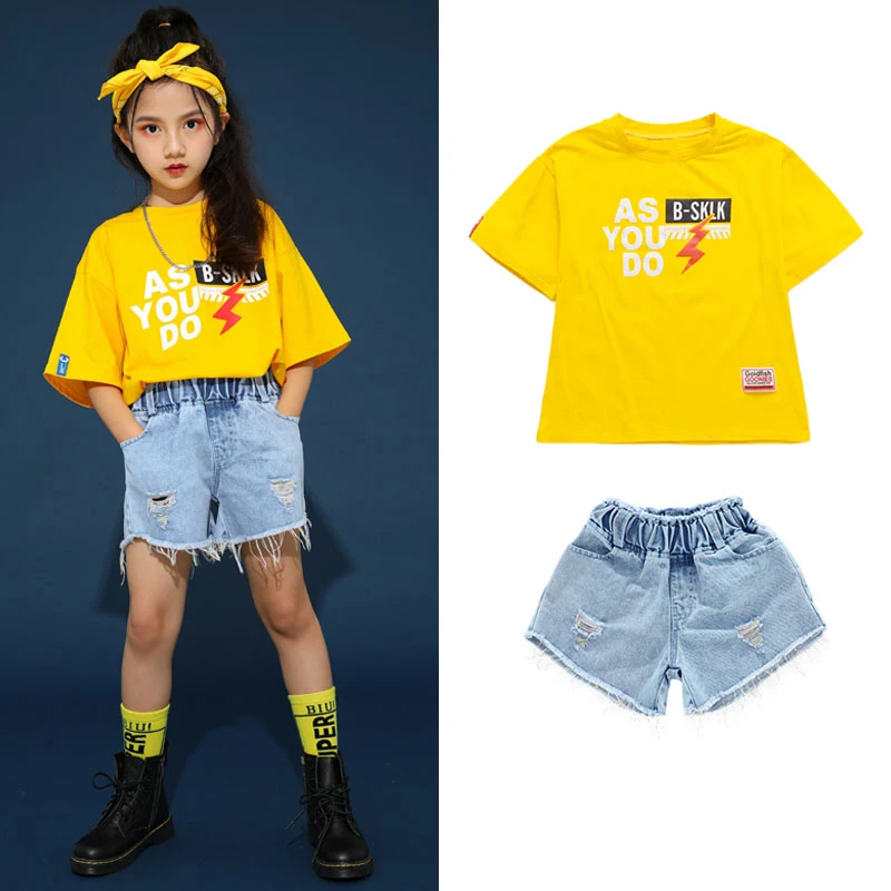 

Jazz Dance Costume Kids Yellow Hip Hop Performance Clothing Street Dance Practice Wear Printing Hiphop Rave Clothes DC4947