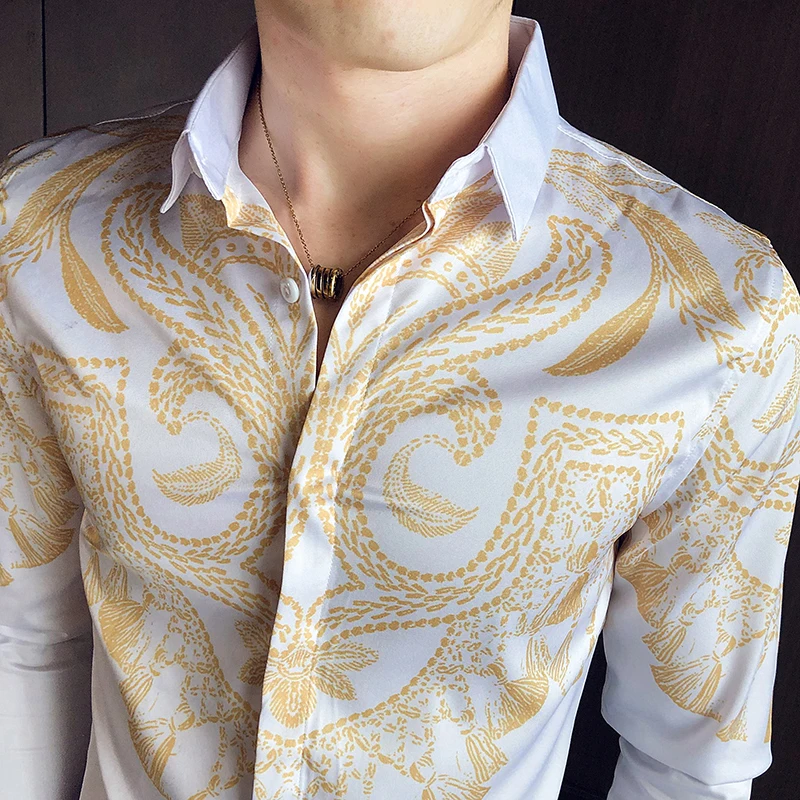 

Baroque Style White Black Gold Print Shirt Men Slim Fit Mens Long Sleeve Shirts Casual Streetwear Party Camisa Masculina V702