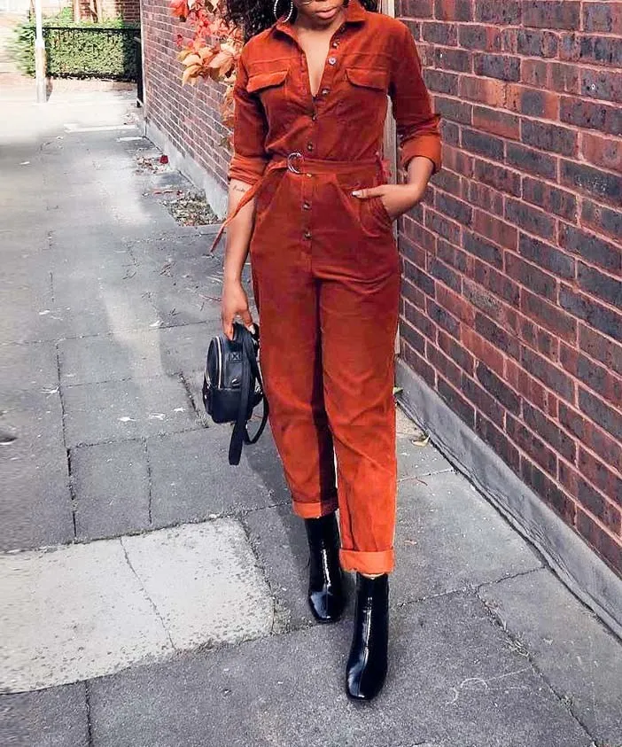 Женский модный вельветовый комбинезон с длинным рукавом и пуговицами на поясе