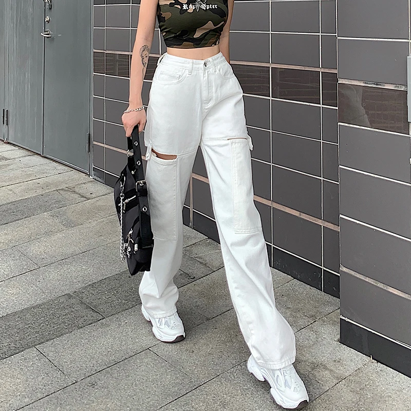 

2021 High Waist Button Denim Pants Vintage Straight Harajuku Cargo Trousers Fashion Hollow Out White Women's Jeans Streetwear