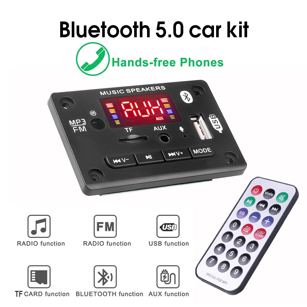 

5-12V Handsfree Bluetooth 5.0 Mp3 Decoder Board with MIC FM radio Module Wireless Audio Receiver Support TF card/3.5mm AUX/USB