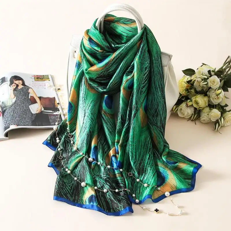 180 см зеленое перо павлина шелковая шаль шарф Испания фуляр шапки животных