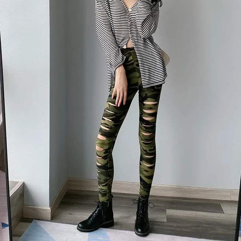 Fashion camouflage leggings women's personality ripped pants stretch tight High Waist Yoga Sports tleggings Trouser outer wear