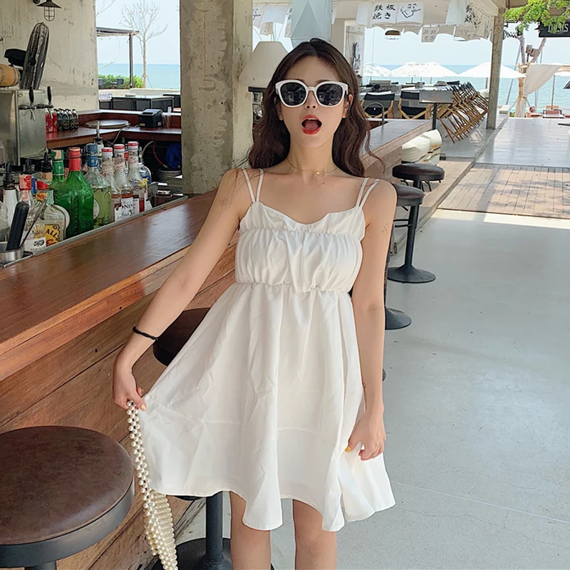 summer v-neck solid color sweet spaghetti strap mini-dress fashion brand Back cross Women's Clothing modis vestidos Korean style | Женская