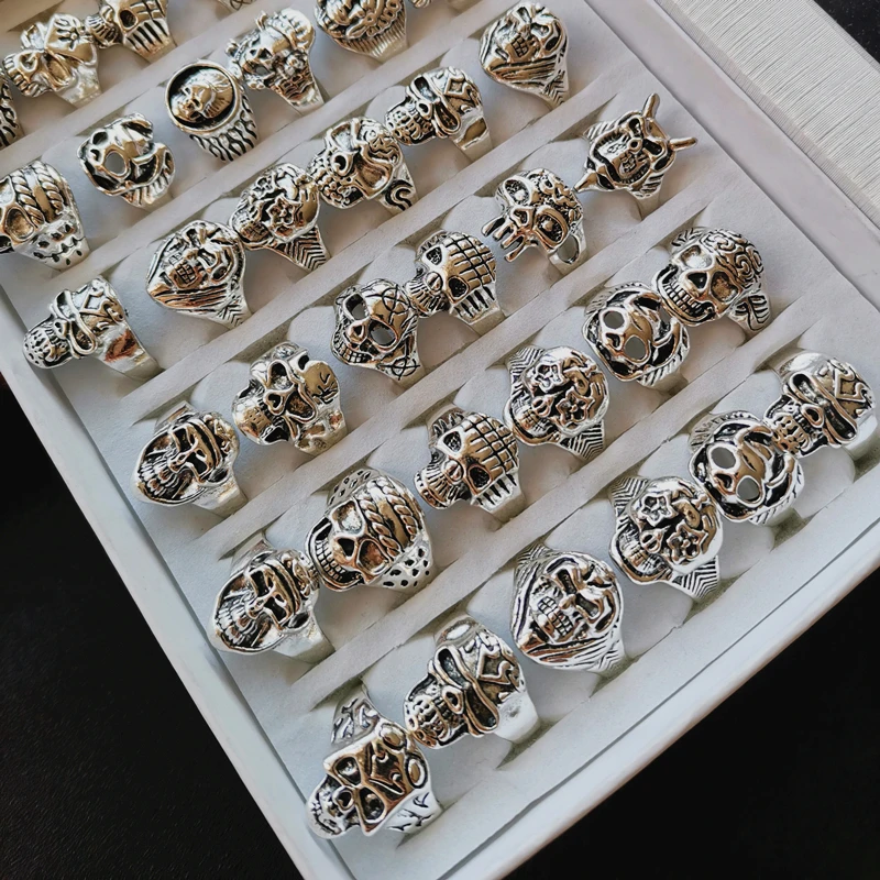 10 шт./Оптовая партия Оптовая продажа Кольца с черепом Скелет Винтажный готический металлический панк-стиль Демонические украшения для женщин, мужчин вечеринка Подарочное использование.