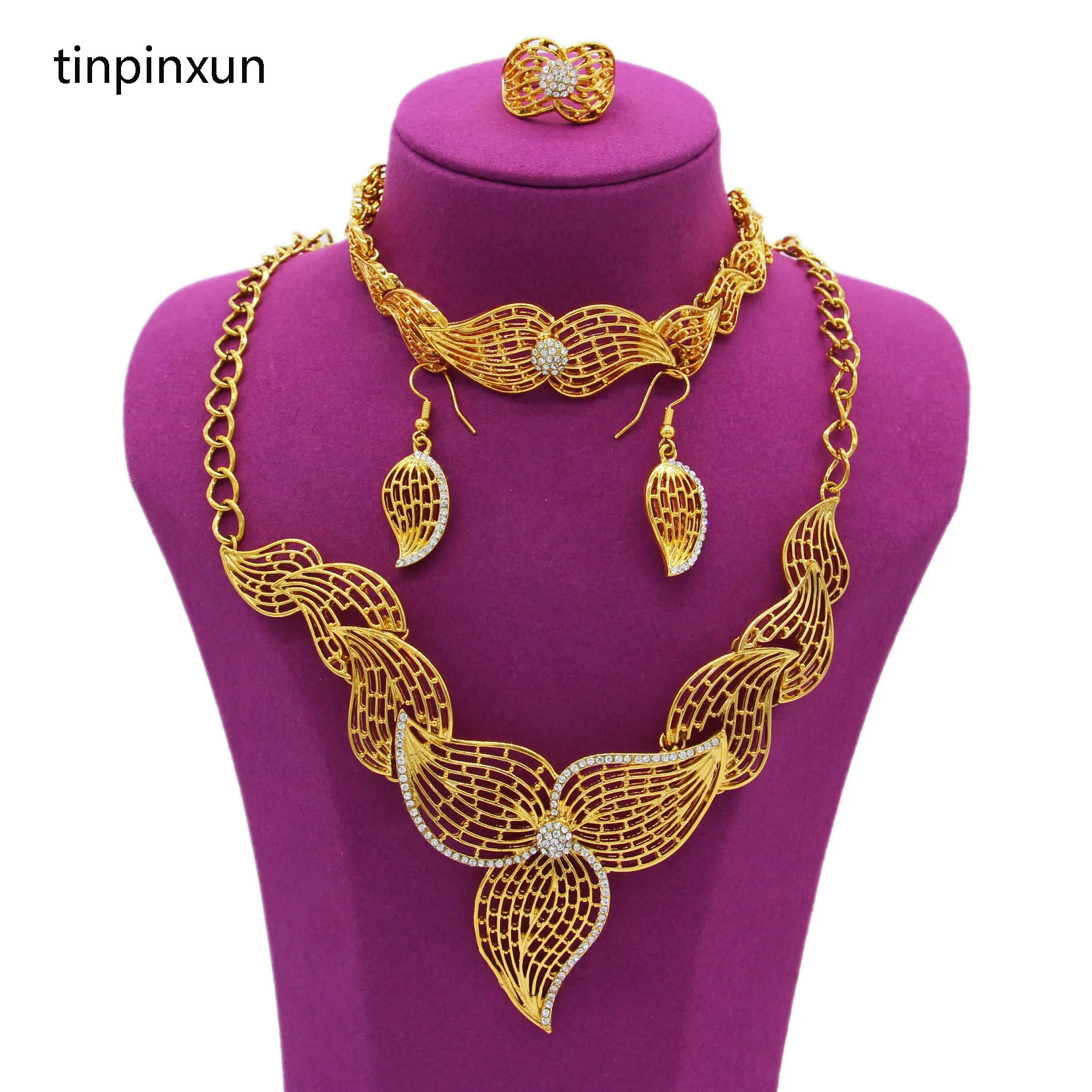 

PINXUN Дерево лист Нигерии Дубай Свадебные ювелирные изделия в комплекте, в африканском стиле, модная, подвеска, серьги, кольцо, браслет Невест...