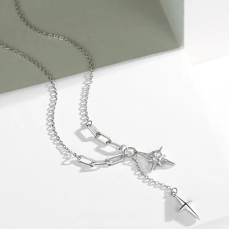 

VENTFILLE Sterling Silver Fashion Cross Tassel Diamond Star Necklace Female Y-shaped Clavicle Chain Sweet Jewelry Gift