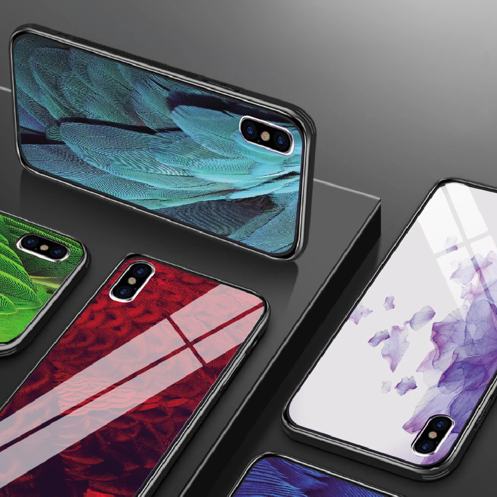 Чехол для iPhone X XS MAX XR для 6 6S 7 8 PLUS чехол из закаленного стекла с перьями красный желтый задняя чехол для iPhone 5 5S SE Funda