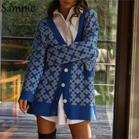 sampic chic y2k plaid pull knitted cardigans women autumn winter 2021 casual long sleeve green print patchwork sweater coat tops
