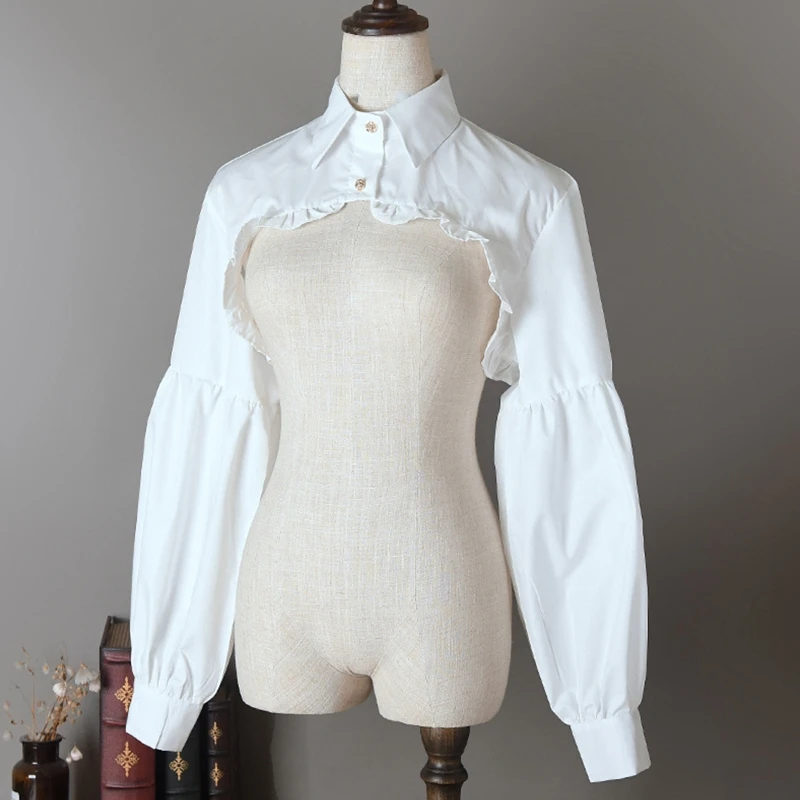 Женская блузка с пышными длинными рукавами и оборками по краям, с золотыми пуговицами, с ложным воротником