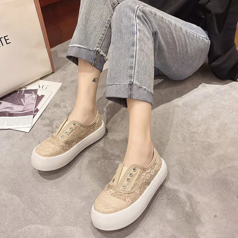 

Korean Shoes Female Footwear Round Toe Casual Sneaker Clogs Platform All-Match 2021 Dress New Breathable Creepers Summer Fabric