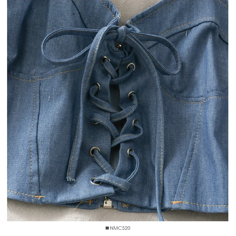 Блузка женская с открытыми плечами синяя джинсовая рубашка бандажный