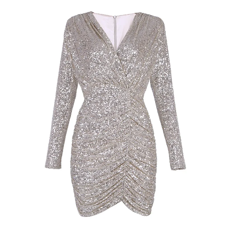 

DEAT Women Gray Patchwork Sequins Asymmetrical High Waist Dress New V-Neck Long Sleeve Slim Fit Fashion Tide Summer 2021 7E0035