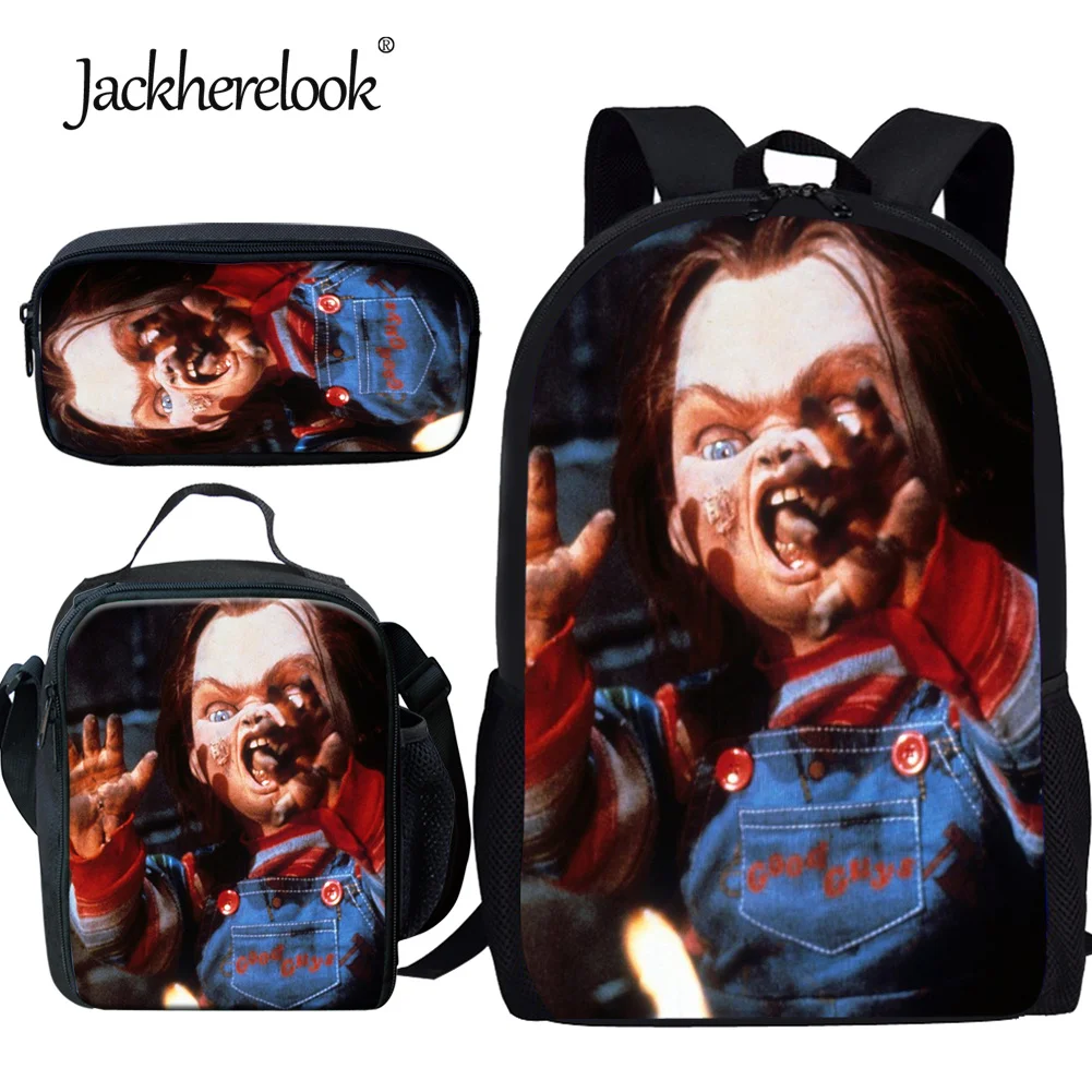 

Jackherelook 3Pcs Student's Schoolbag Durable Horror Puppet Doll Chucky TV Show Pattern Large Capacity Backpack Mochila Infantil
