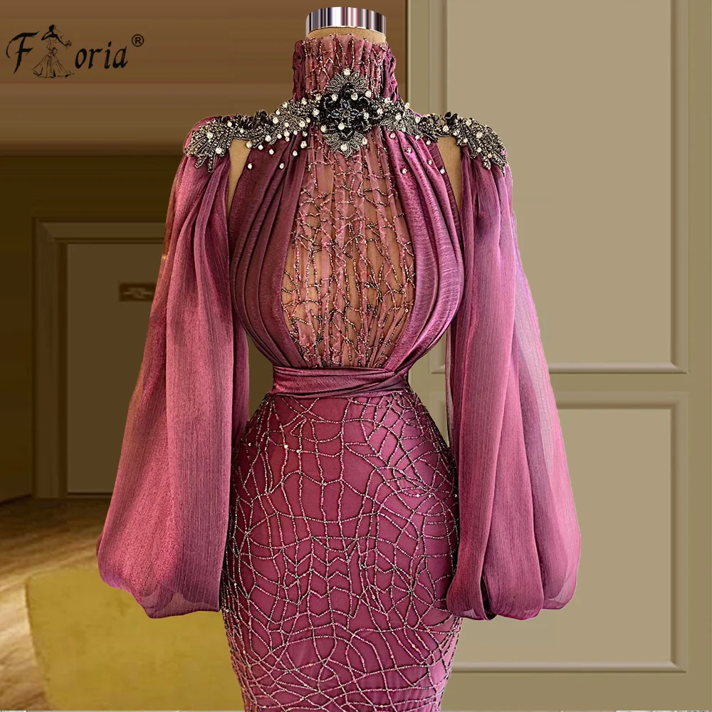 

Pink High Neck Mermaid Prom Dresses Lantern Sleeves Beaded Dubai Glitter Robe De Soiree Arabic Floor Length Evening Dress 2021