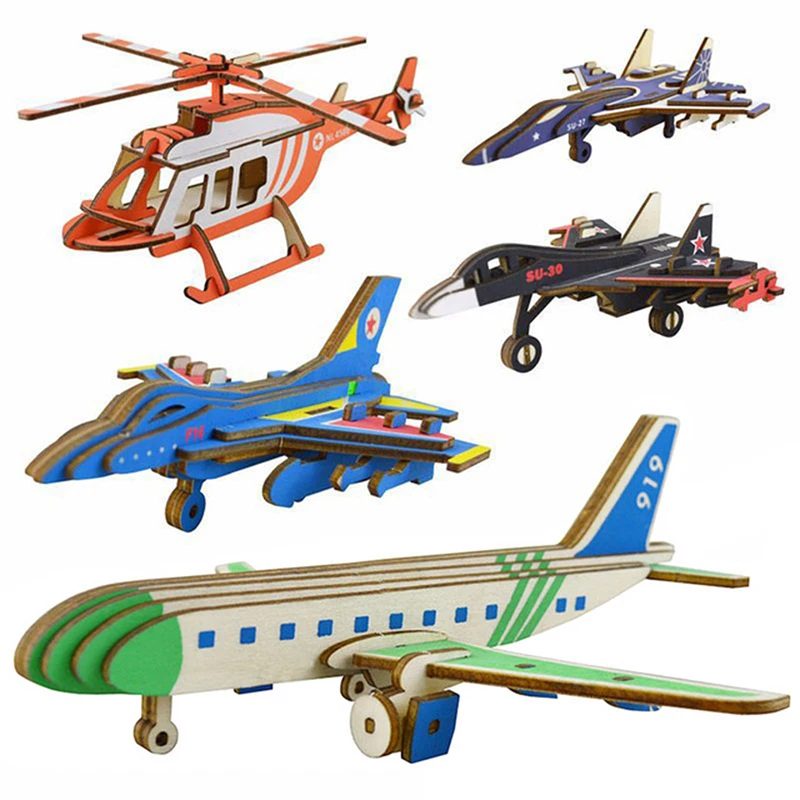 

3D Wooden Puzzles for Children Airplane Model Assembling Building Kits IQ Educational Toys for Children Gift Toy Handcraft Kit
