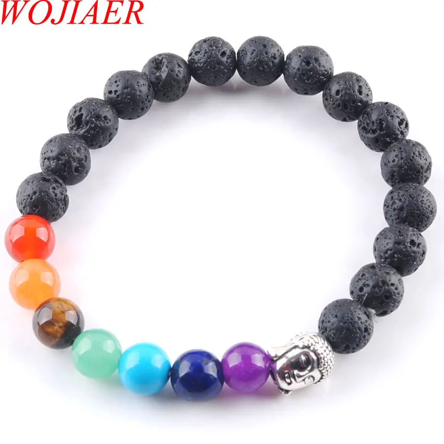 

Natural Black Volcano Stones Buddha Beads Stretch Bracelets Healing Balance Meditation Rainbow 7 Chakra Homme Jewelry PK3226