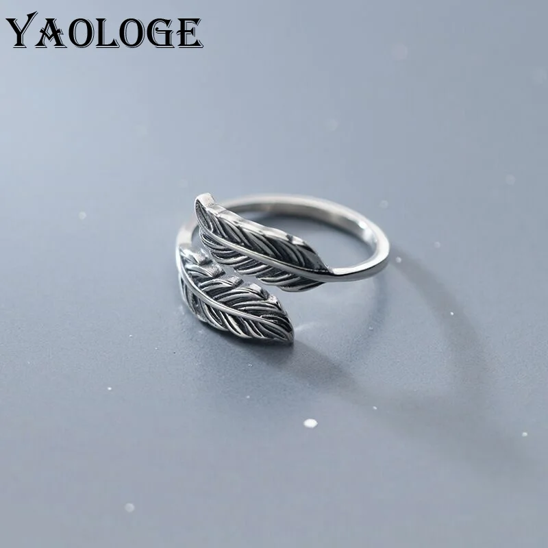 

YAOLOGE 925 Sterling Silver 2021 New Retro Punk Thai Silver Feather Ring Simple Fashion Trend Open Ring Party Jewelry Wholesale