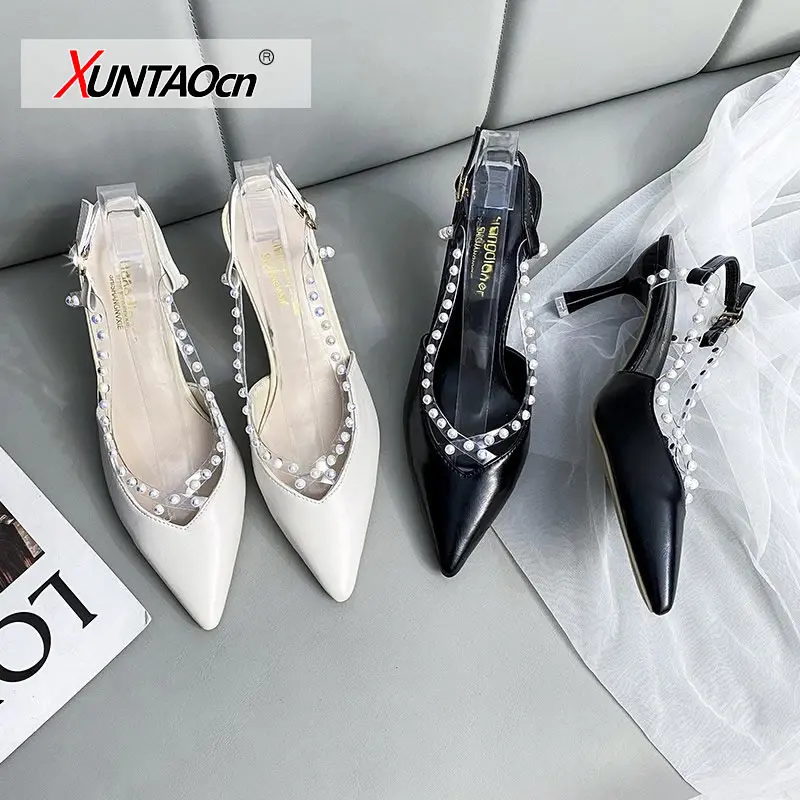 Fashion Pearl Buckle Stiletto Heels Pumps Women Sexy Slingbacks Pointed Teo Party Shoes Women Patchwork Pvc Sandals Lady