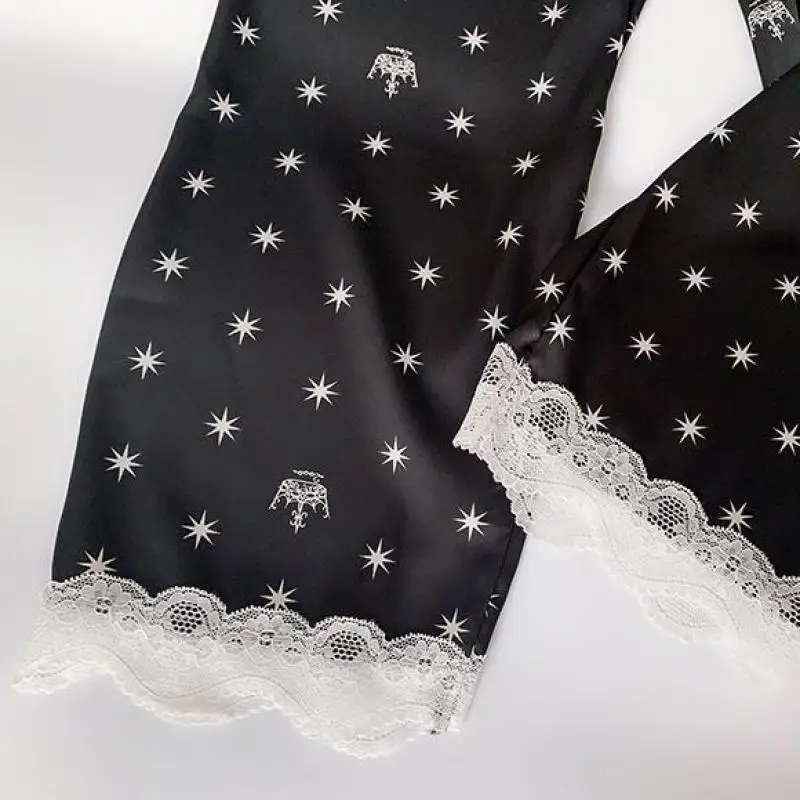 

Silky Home Clothes Pyjamas Black Sleepwear Women 2PCS Pajamas Suit Casual Print Nightwear Satin Shirt&Pants Intimate Lingerie