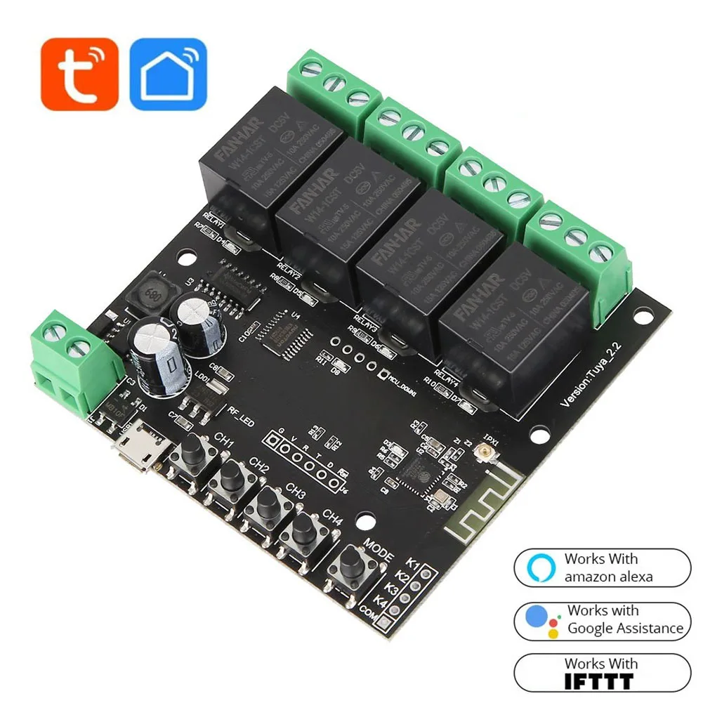 4CH WiFi Relay Smart Momentary Switch Module Inching Self-locking Tuya Life APP Remote Control Work with Alexa Google Home | Электроника