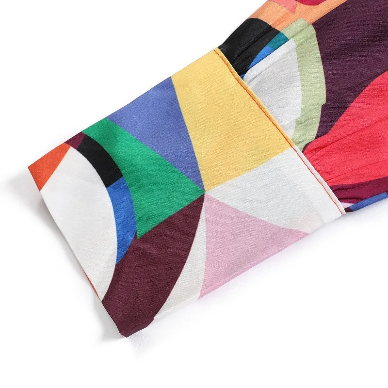 

Fashion Women Geometric Print Long Sleeve Bow Collar Split Dress High Waist Lace-up Long Maxi Dress Bodycon Vintage Party Dress