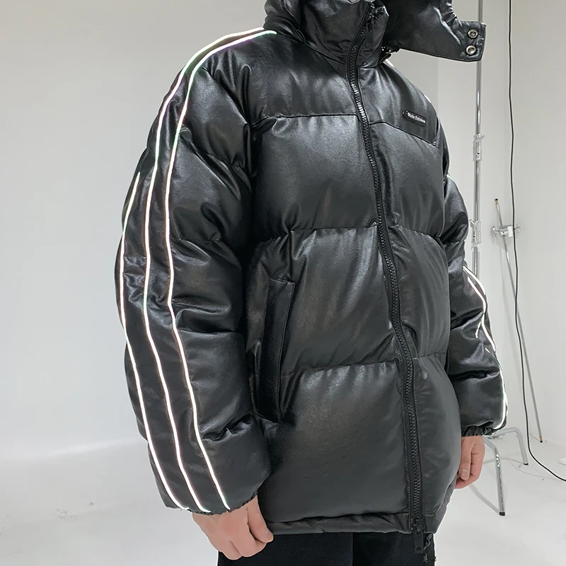 

High Quality PU Puffer Padded Parka Men Hipster 2 Zipper Down Jacket Men Streetwear Stand Collar Winter Coat Outwear Windbreaker