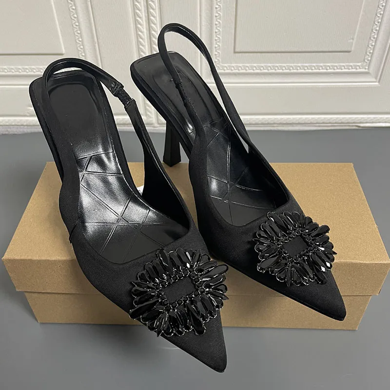 

2022 New Spring Fashion Crystal Buckle Sandals Women Thick High Heels Pointed Toe Female Slingback Shoes Elegant Slip On Mule