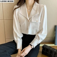 korean style lady long sleeve blouses shirts women pockets turn down collar tops button streetwear beige tee shirt femme